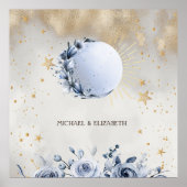 Celestial Gold Sun, Blue Moon Rozen Gouden Sterren Poster (Voorkant)
