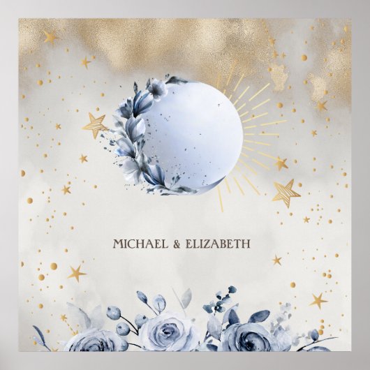 Celestial Gold Sun, Blue Moon Rozen Gouden Sterren Poster (Voorkant)