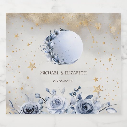 Celestial Gold Sun, Blue Moon Rozen Gouden Sterren Sparkling Wijnetiket (Enkel label)