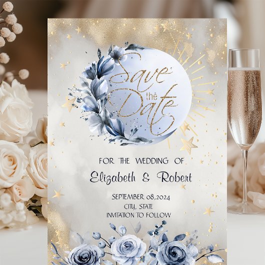 Celestial Gold Sun, Blue Moon Rozen Sterren Save The Date