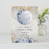 Celestial Gold Sun, Blue Moon Rozen Sterren Save The Date (Staand voorkant)