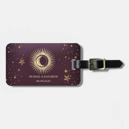 Celestial Gold Sun en Moon Stars Burgundy Bagagelabel