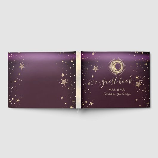 Celestial Gold Sun en Moon Stars Burgundy Gastenboek (Volledig)
