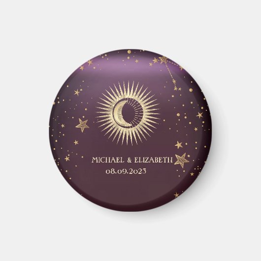 Celestial Gold Sun en Moon Stars Burgundy Magneet (Voorkant)