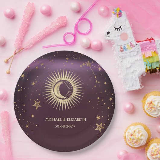 Celestial Gold Sun en Moon Stars Burgundy Papieren Bordje (Feest)