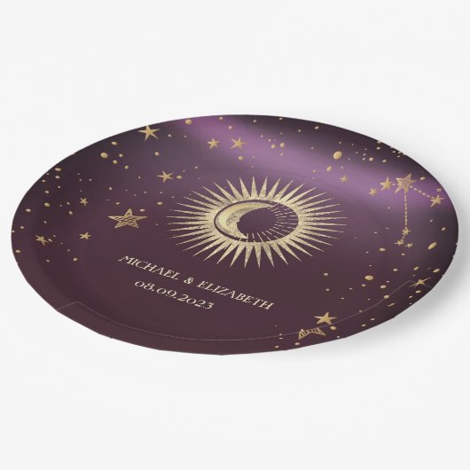 Celestial Gold Sun en Moon Stars Burgundy Papieren Bordje (Gekanteld)