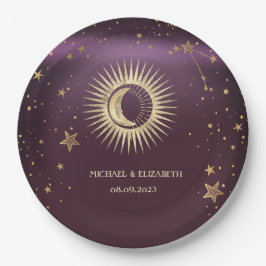 Celestial Gold Sun en Moon Stars Burgundy Papieren Bordje