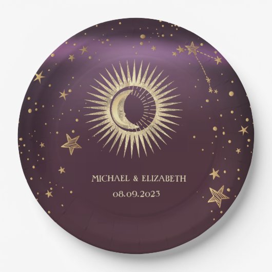 Celestial Gold Sun en Moon Stars Burgundy Papieren Bordje (Voorkant)