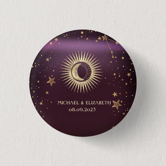 Celestial Gold Sun en Moon Stars Burgundy Ronde Button 3,2 Cm (Voorkant)