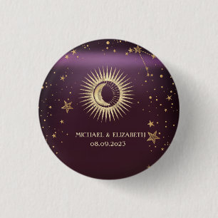 Celestial Gold Sun en Moon Stars Burgundy Ronde Button 3,2 Cm