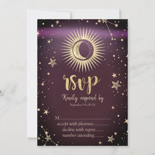 Celestial Gold Sun en Moon Stars Burgundy RSVP Kaart (Voorkant)
