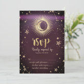 Celestial Gold Sun en Moon Stars Burgundy RSVP Kaart (Staand voorkant)
