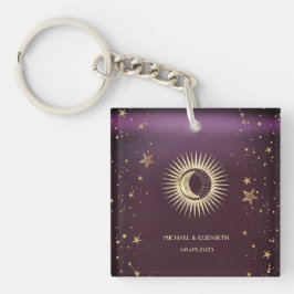 Celestial Gold Sun en Moon Stars Burgundy Sleutelhanger