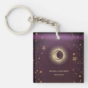 Celestial Gold Sun en Moon Stars Burgundy Sleutelhanger