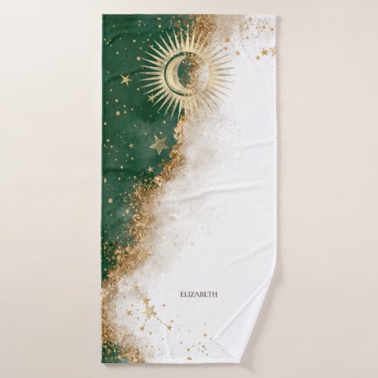 Celestial Gold Sun en Moon Stars Green Badhanddoek (Badhanddoek)