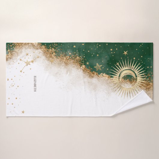Celestial Gold Sun en Moon Stars Green Badhanddoek (Badhanddoek)
