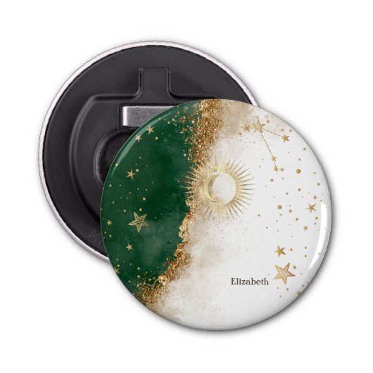 Celestial Gold Sun en Moon Stars Green Button Flesopener (Voorkant)