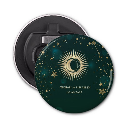 Celestial Gold Sun en Moon Stars Green Button Flesopener (Voorkant)