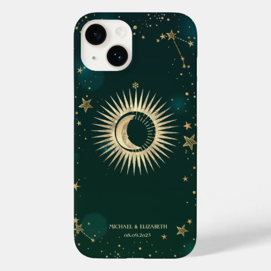 Celestial Gold Sun en Moon Stars Green Case-Mate iPhone Case (Achterkant)