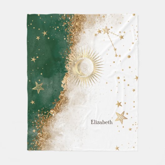 Celestial Gold Sun en Moon Stars Green Fleece Deken (Voorkant)