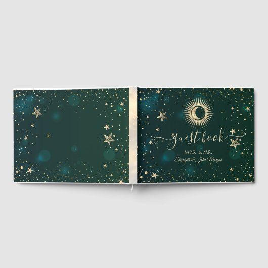 Celestial Gold Sun en Moon Stars Green Gastenboek (Volledig)