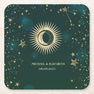 Celestial Gold Sun en Moon Stars Green Kartonnen Onderzetters
