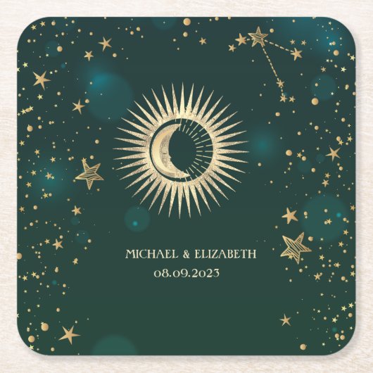 Celestial Gold Sun en Moon Stars Green Kartonnen Onderzetters (Voorkant)