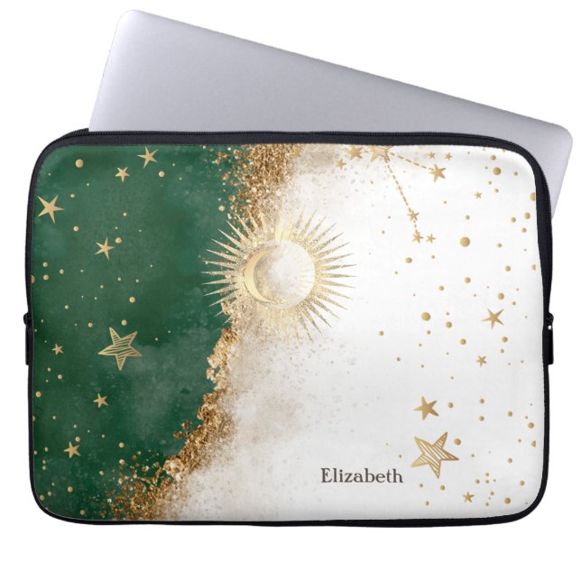 Celestial Gold Sun en Moon Stars Green Laptop Sleeve (Voorkant)