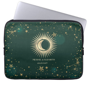 Celestial Gold Sun en Moon Stars Green Laptop Sleeve