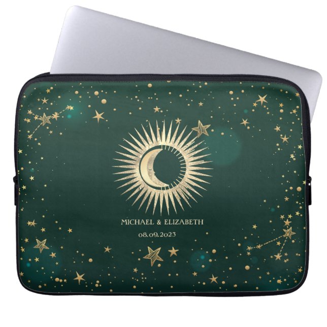 Celestial Gold Sun en Moon Stars Green Laptop Sleeve (Voorkant)