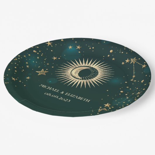 Celestial Gold Sun en Moon Stars Green Papieren Bordje (Gekanteld)