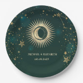 Celestial Gold Sun en Moon Stars Green Papieren Bordje (Voorkant)