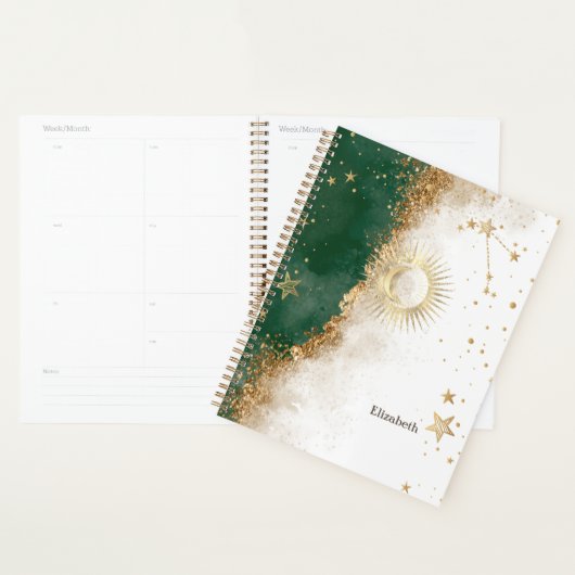 Celestial Gold Sun en Moon Stars Green Planner (Display)