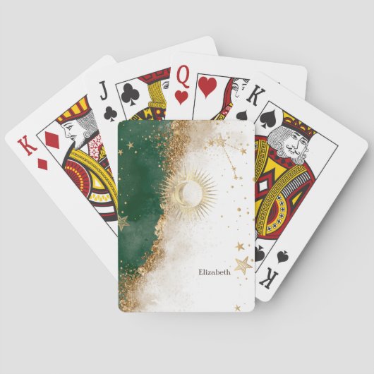 Celestial Gold Sun en Moon Stars Green Pokerkaarten (Achterkant)
