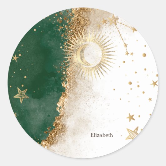 Celestial Gold Sun en Moon Stars Green Ronde Sticker (Voorkant)