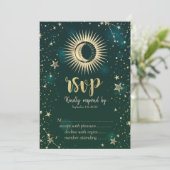 Celestial Gold Sun en Moon Stars Green RSVP Kaart (Staand voorkant)