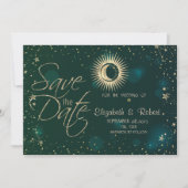 Celestial Gold Sun en Moon Stars Green Save The Date (Voorkant)