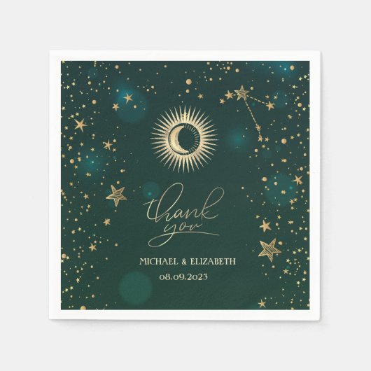 Celestial Gold Sun en Moon Stars Green Servet (Voorkant)