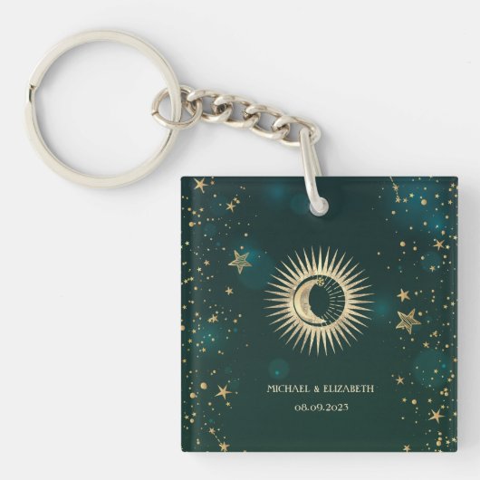Celestial Gold Sun en Moon Stars Green Sleutelhanger (voorkant)