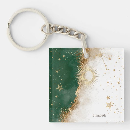 Celestial Gold Sun en Moon Stars Green Sleutelhanger (voorkant)