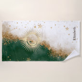 Celestial Gold Sun en Moon Stars Green Strandlaken (Voorkant)