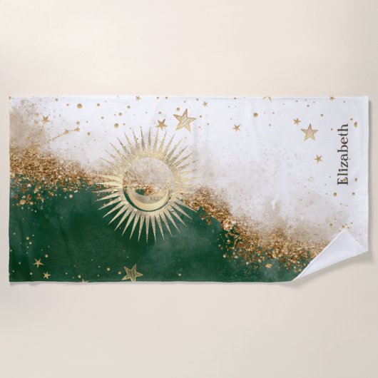 Celestial Gold Sun en Moon Stars Green Strandlaken (Voorkant)