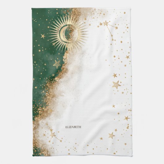 Celestial Gold Sun en Moon Stars Green Theedoek (Verticaal)