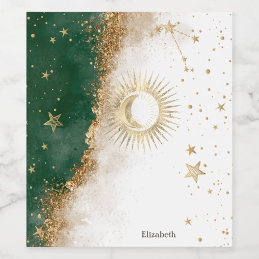 Celestial Gold Sun en Moon Stars Green Wijn Etiket (Enkel label)
