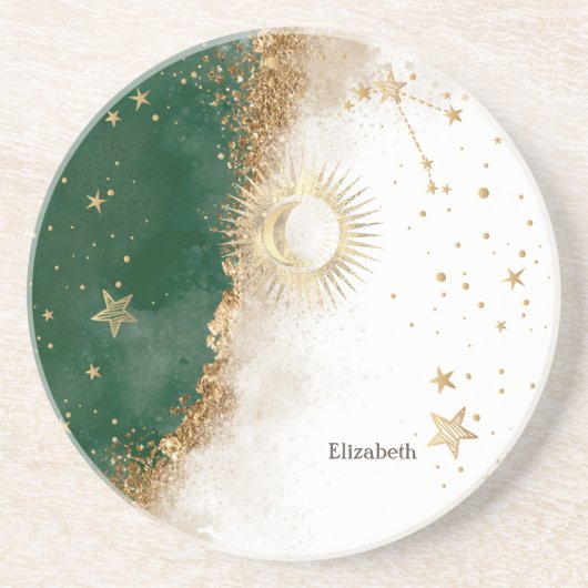 Celestial Gold Sun en Moon Stars Green Zandsteen Onderzetter (Voorkant)