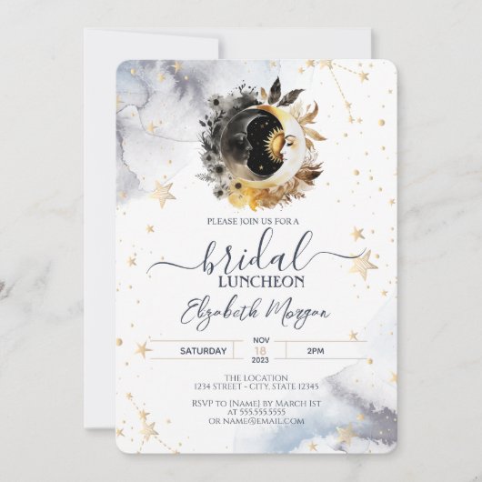 Celestial Gold Sun, Maan, Bloemen Bruidslunch Kaart (Voorkant)