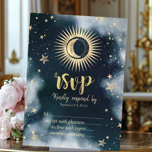 Celestial Gold Sun, Maan, Sterren Night Sky RSVP Kaart