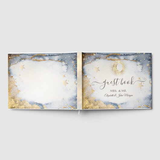 Celestial Gold Sun, maan, Waterverf sterren Gastenboek (Volledig)