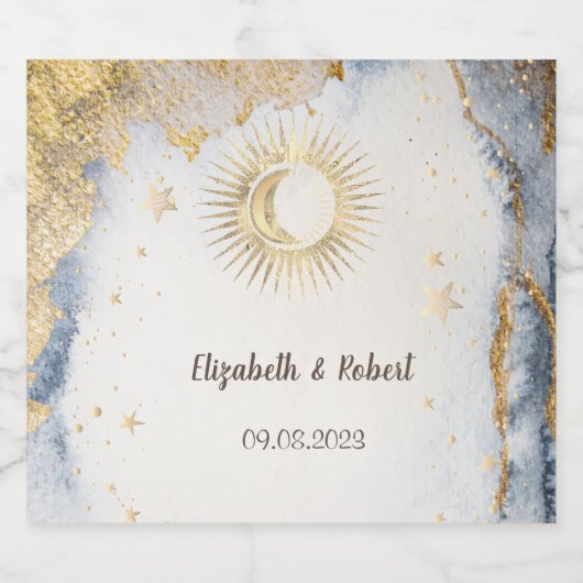 Celestial Gold Sun, maan, Waterverf sterren Sparkling Wijnetiket (Enkel label)