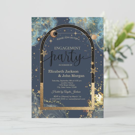 Celestial Gold Sun Moon Gold Glitter Verloving Kaart (Staand voorkant)